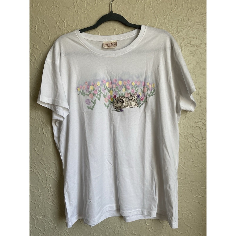VTG Top Stitch Embroidered Cat Kitty Novelty Short Sleeve Shirt Women's Size L